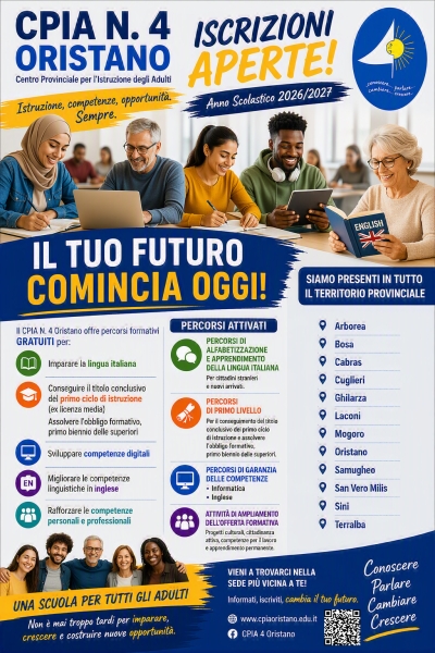 Iscrizioni Centro Provinciale di Istruzione per gli adulti (CPIA) N.4 DI ORISTANO - A.S. 2026/2027